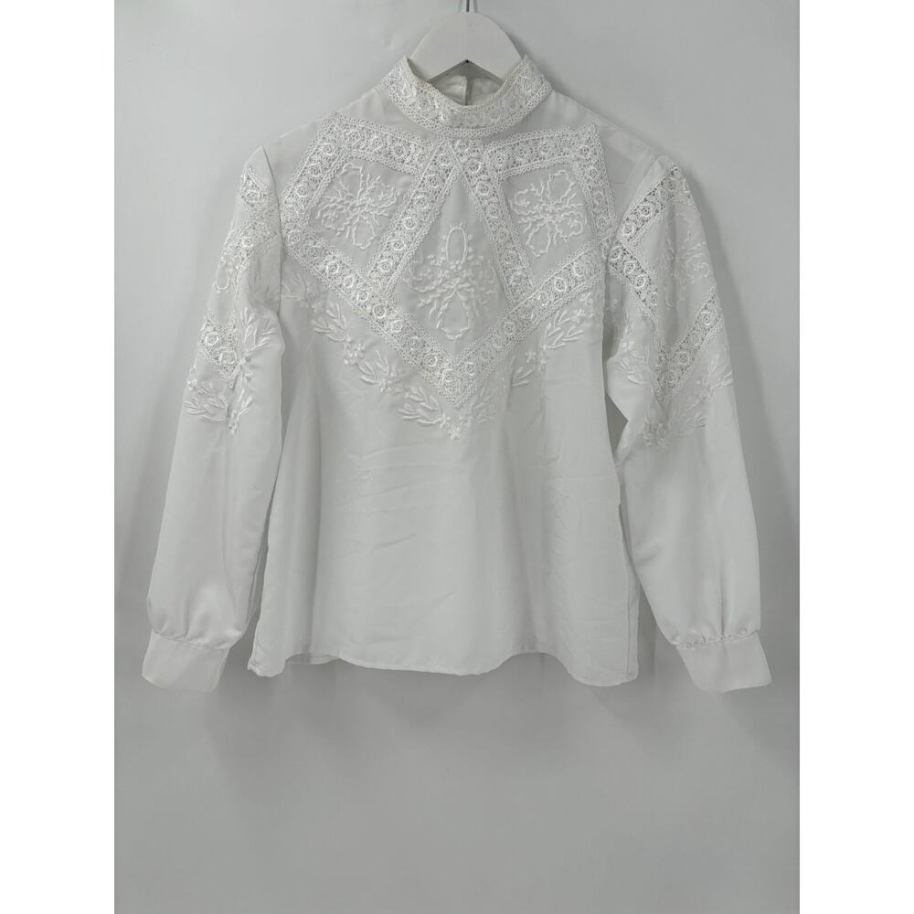 Brownstone Studio Vintage Blouse Womens Petite Small White Sheer Embroidered Top